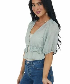 HYFVE Pale Sage Plunging V Neck Short Sleeve Blouse Tops