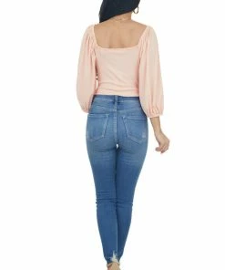 Entro Pale Salmon Square Neck Bubble Sleeve Bodysuit Tops