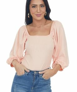 Entro Pale Salmon Square Neck Bubble Sleeve Bodysuit Tops