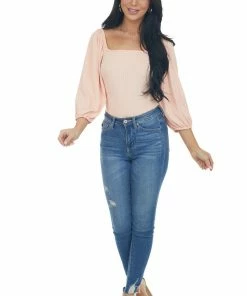 Entro Pale Salmon Square Neck Bubble Sleeve Bodysuit Tops