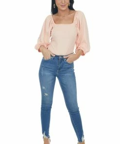 Entro Pale Salmon Square Neck Bubble Sleeve Bodysuit Tops
