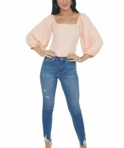 Entro Pale Salmon Square Neck Bubble Sleeve Bodysuit Tops