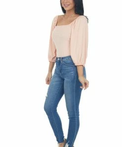 Entro Pale Salmon Square Neck Bubble Sleeve Bodysuit Tops