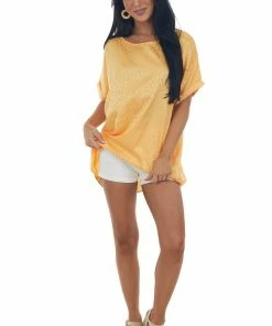 HESED Pale Tangerine Satin Leopard Print Blouse Tops