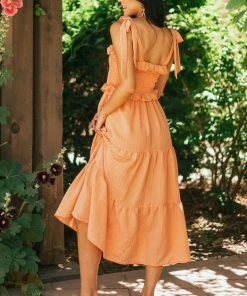 Flying Tomato Papaya Smocked Shoulder Tie Tiered Midi Dress