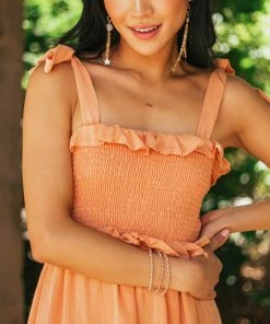 Flying Tomato Papaya Smocked Shoulder Tie Tiered Midi Dress