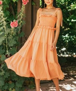 Flying Tomato Papaya Smocked Shoulder Tie Tiered Midi Dress