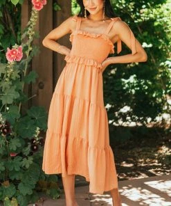 Flying Tomato Papaya Smocked Shoulder Tie Tiered Midi Dress