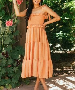 Flying Tomato Papaya Smocked Shoulder Tie Tiered Midi Dress
