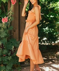 Flying Tomato Papaya Smocked Shoulder Tie Tiered Midi Dress