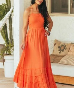 IN LOOM Dresses Papaya Smocked Strappy Back Halter Maxi Dress