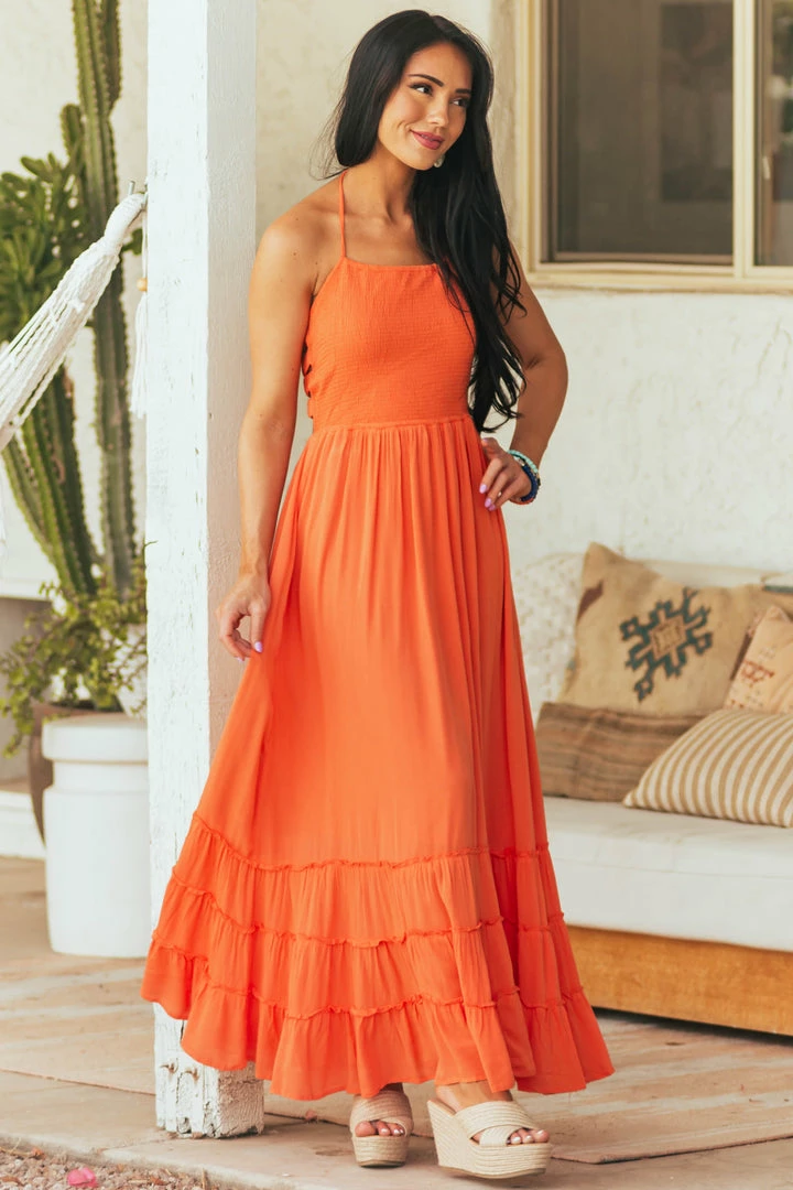 IN LOOM Dresses Papaya Smocked Strappy Back Halter Maxi Dress 4 IN LOOM Dresses Papaya Smocked Strappy Back Halter Maxi Dress