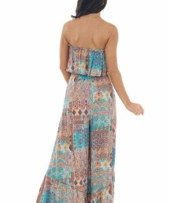 Illa Illa Pastel Blue Abstract Print Strapless Jumpsuit Casual Summer Vibes