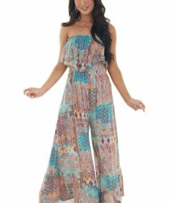 Illa Illa Pastel Blue Abstract Print Strapless Jumpsuit Casual Summer Vibes