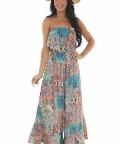 Illa Illa Pastel Blue Abstract Print Strapless Jumpsuit Casual Summer Vibes