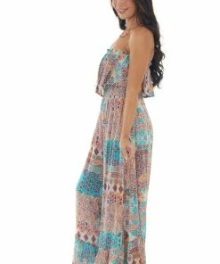 Illa Illa Pastel Blue Abstract Print Strapless Jumpsuit Casual Summer Vibes
