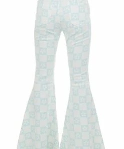 Peach Love Pastel Blue Checkered Flower Print Flare Jeans Bottoms