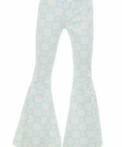Peach Love Pastel Blue Checkered Flower Print Flare Jeans Bottoms