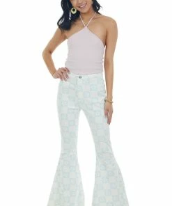 Peach Love Pastel Blue Checkered Flower Print Flare Jeans Bottoms