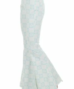 Peach Love Pastel Blue Checkered Flower Print Flare Jeans Bottoms