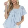 Easel Pastel Blue Crochet Lace Yoke Short Sleeve Top