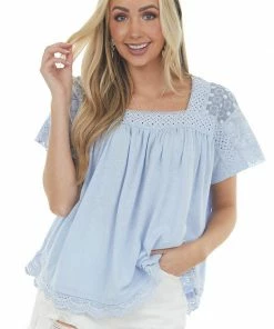 Easel Pastel Blue Crochet Lace Yoke Short Sleeve Top