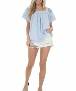 Easel Pastel Blue Crochet Lace Yoke Short Sleeve Top 18 Easel Pastel Blue Crochet Lace Yoke Short Sleeve Top