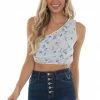 Peach Love Pastel Blue Floral One Shoulder Crop Woven Top Tops