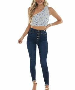 Peach Love Pastel Blue Floral One Shoulder Crop Woven Top Tops