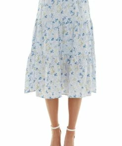 Peach Love Pastel Blue Floral Tiered Midi Woven Skirt