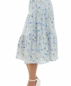 Peach Love Pastel Blue Floral Tiered Midi Woven Skirt