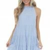 Entro Pastel Blue Halter Neck Tiered Short Dress