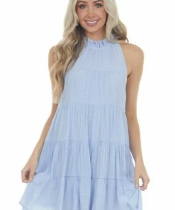 Entro Pastel Blue Halter Neck Tiered Short Dress