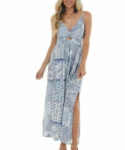 ANGIE Pastel Blue Paisley Print Maxi Dress