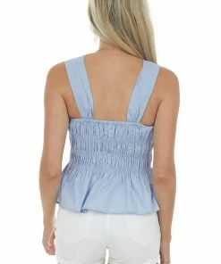 Glam Pastel Blue Ruched Square Neck Peplum Tank Top