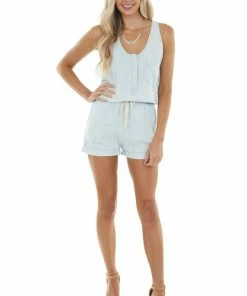 Trend Notes Dresses Pastel Blue Sleeveless Drawstring Romper With Side Pockets