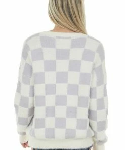 Miss Sparkling Pastel Iris And Ivory Checkered Fuzzy Sweater Tops