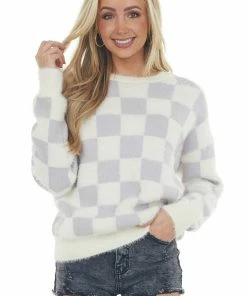 Miss Sparkling Pastel Iris And Ivory Checkered Fuzzy Sweater Tops
