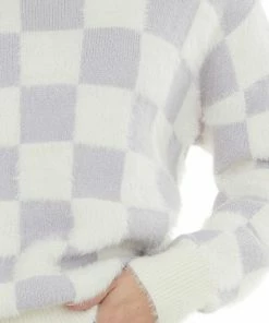Miss Sparkling Pastel Iris And Ivory Checkered Fuzzy Sweater Tops
