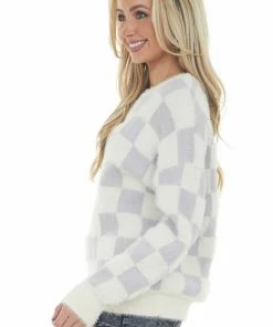 Miss Sparkling Pastel Iris And Ivory Checkered Fuzzy Sweater Tops