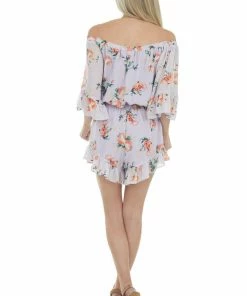 Eesome Pastel Iris Floral Off Shoulder Woven Romper Dresses