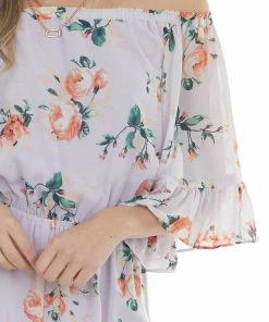 Eesome Pastel Iris Floral Off Shoulder Woven Romper Dresses