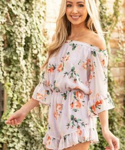 Eesome Pastel Iris Floral Off Shoulder Woven Romper Dresses