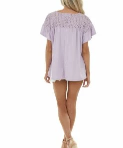 Ninexis Pastel Lavender Babydoll Knit Top With Eyelet Lace Detail Tops