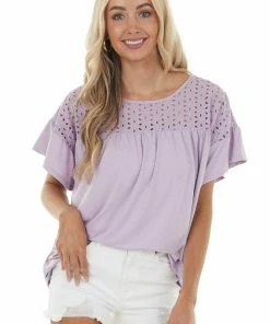 Ninexis Pastel Lavender Babydoll Knit Top With Eyelet Lace Detail Tops