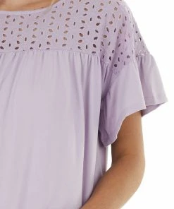 Ninexis Pastel Lavender Babydoll Knit Top With Eyelet Lace Detail Tops