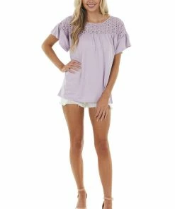Ninexis Pastel Lavender Babydoll Knit Top With Eyelet Lace Detail Tops