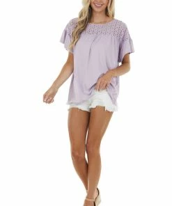 Ninexis Pastel Lavender Babydoll Knit Top With Eyelet Lace Detail Tops