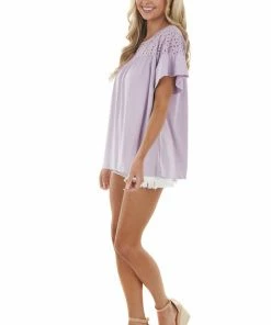 Ninexis Pastel Lavender Babydoll Knit Top With Eyelet Lace Detail Tops