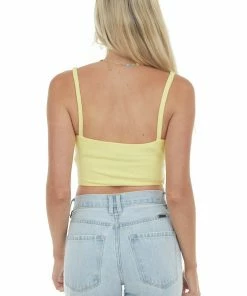 Trend Notes Pastel Lemon Cropped Ribbed Corset Knit Tank Tops